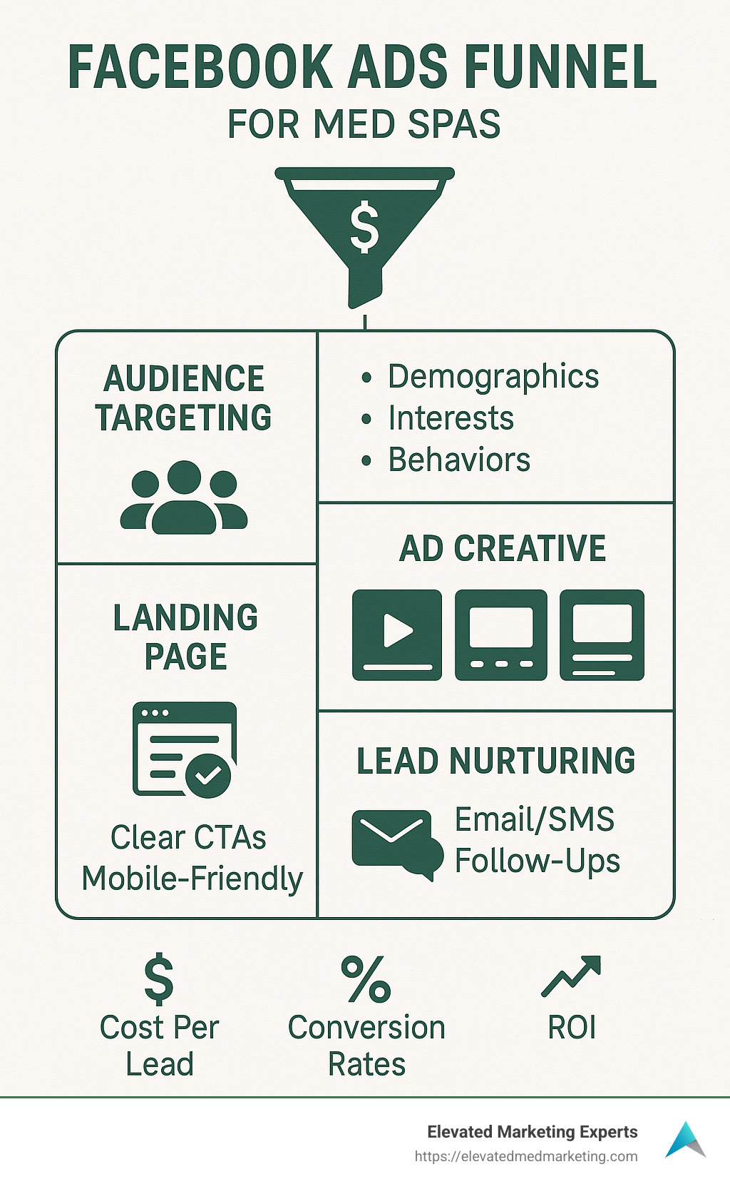 Facebook ads funnel for med spas showing audience targeting, ad creative types, landing page optimization, and lead nurturing sequences with average performance metrics and ROI calculations - Facebook ads for med spas infographic 