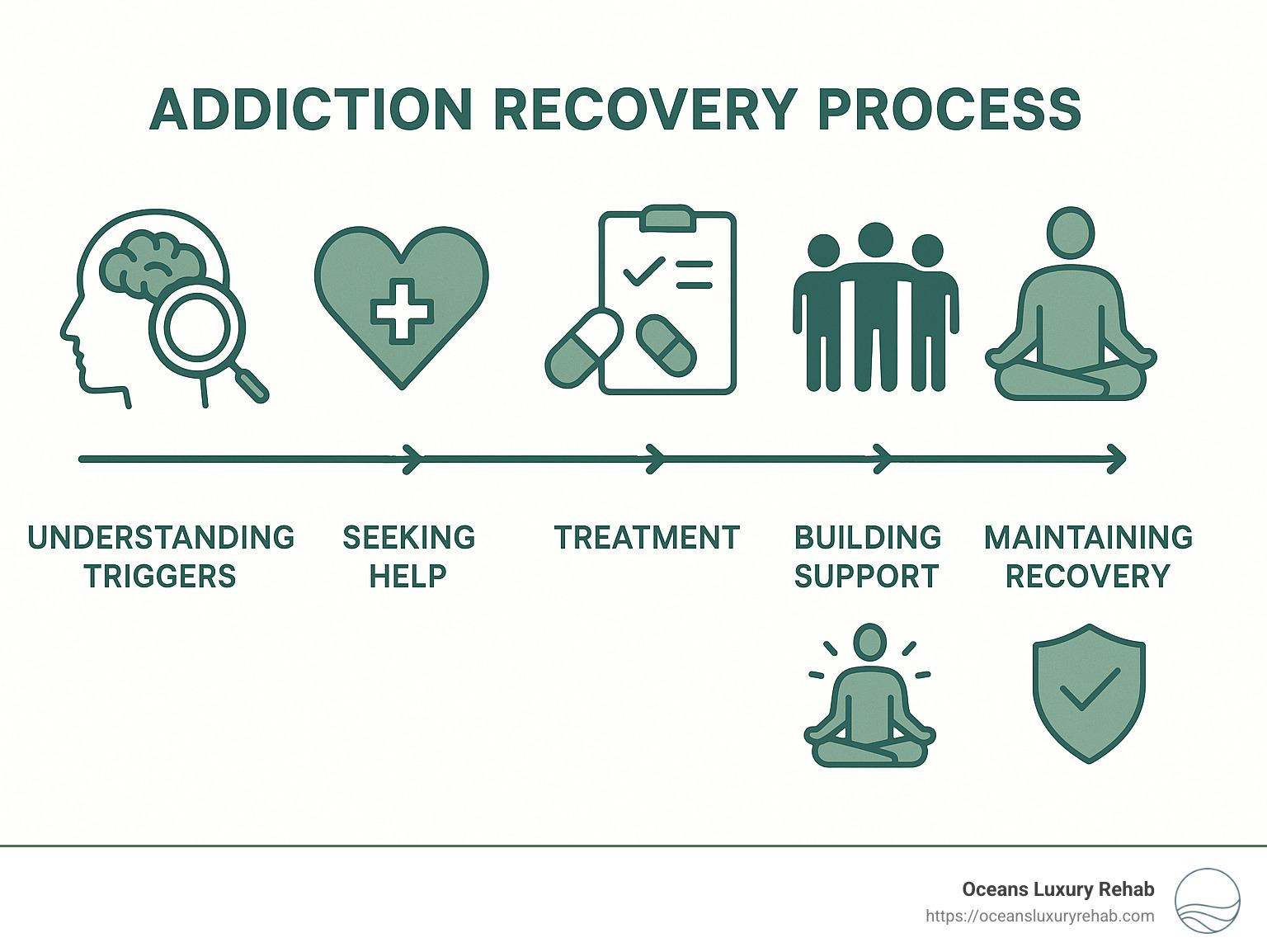 Addiction Recovery Process: Understanding Triggers > Seeking Help > Treatment > Building Support > Developing Coping Skills > Maintaining Recovery - How to stop addiction? infographic 