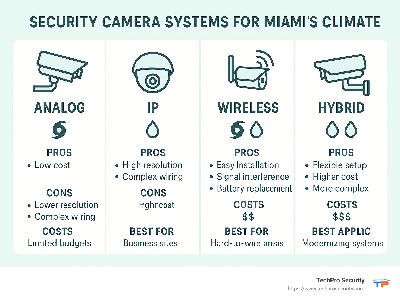 Comparison of security camera system types showing analog, IP, wireless and hybrid systems with their pros, cons, costs, and best applications for Miami's climate conditions - Security camera systems Miami infographic 