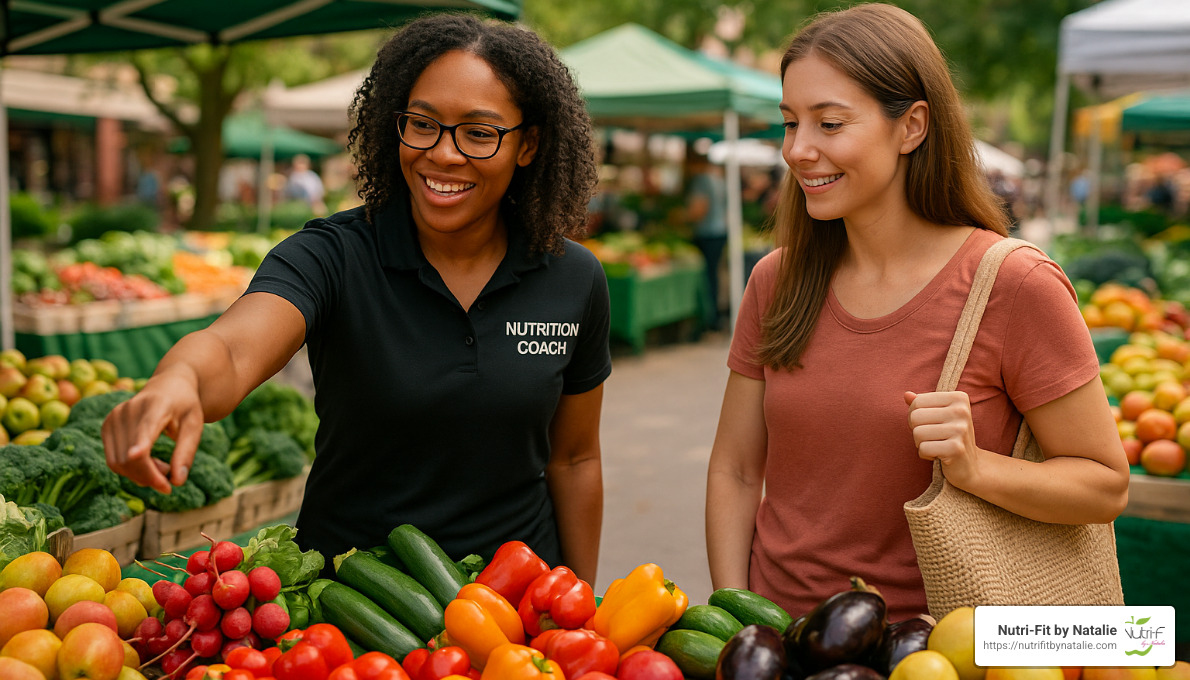 nutrition coach and client shopping at local farmers market - nutrition coach near me
