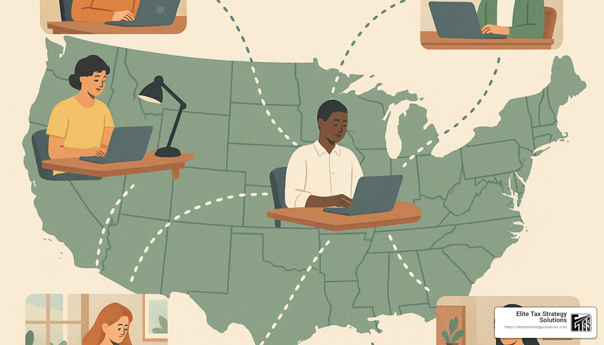 Business people working in different states creating tax nexus - multi state payroll tax compliance