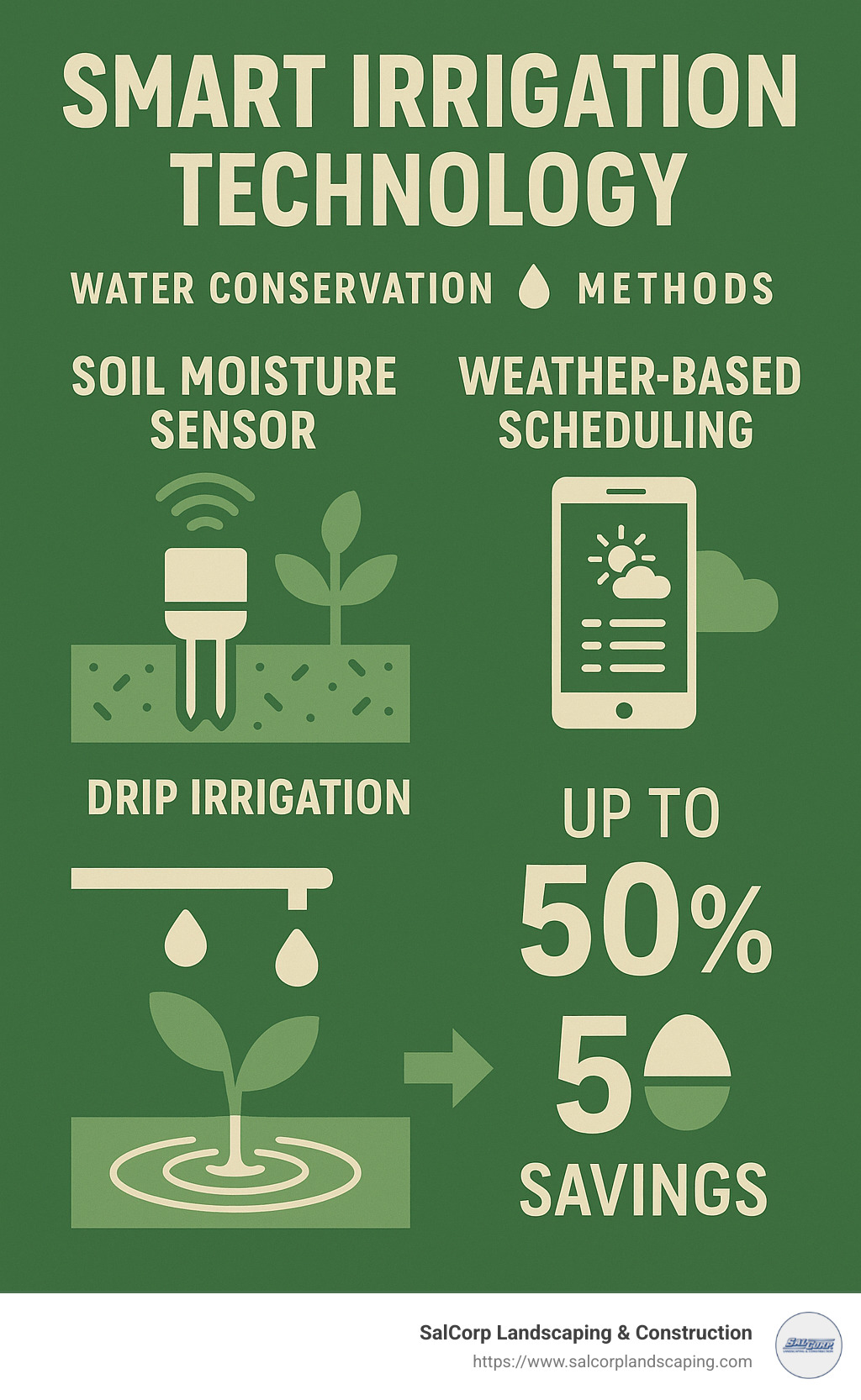 Smart irrigation technology showing water conservation methods and savings calculations - best landscaping contractors near me infographic 
