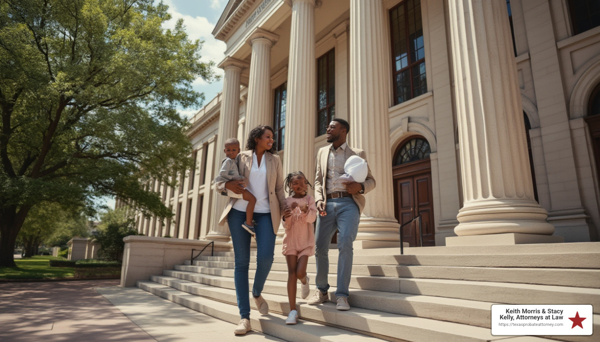 Fort Worth courthouse with family walking up steps - Fort Worth guardianship lawyer