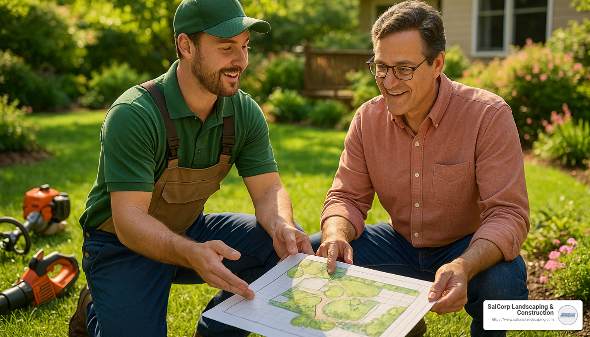 landscaper consulting with homeowner about design plans - best landscaping contractors near me