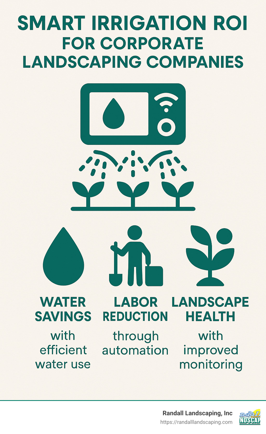 Smart irrigation ROI showing water savings, labor reduction, and landscape health improvements with technology adoption - corporate landscaping companies infographic