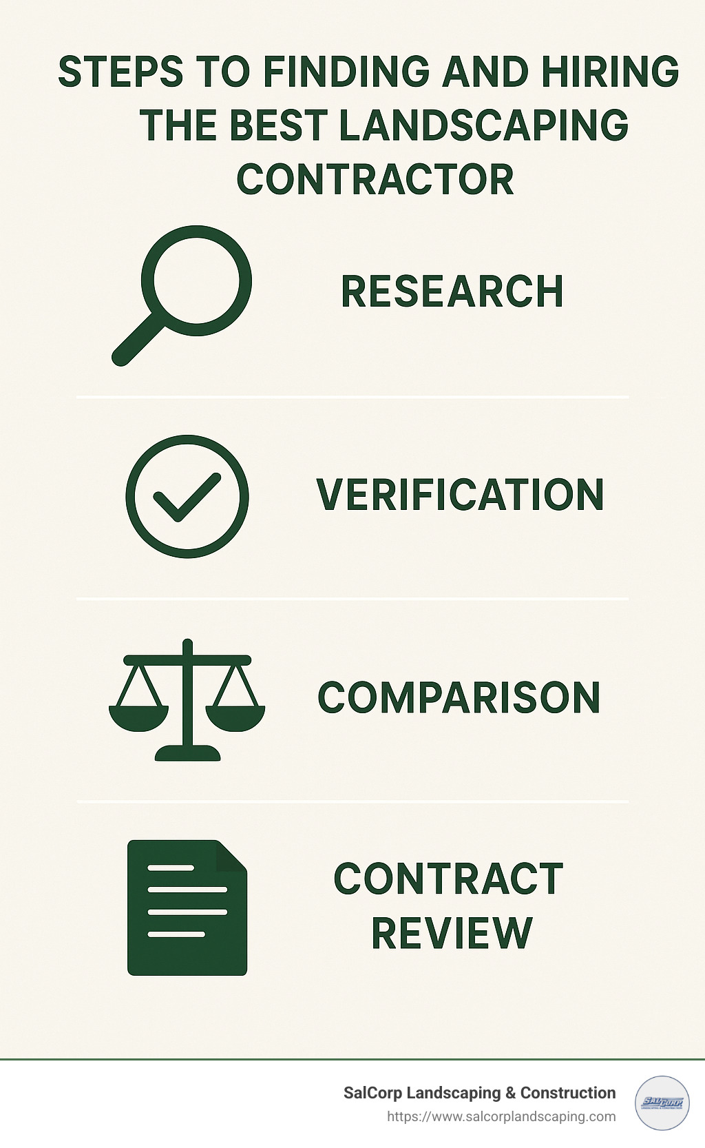 Steps to finding and hiring the best landscaping contractor including research, verification, comparison, and contract review processes - best landscaping contractors near me infographic 