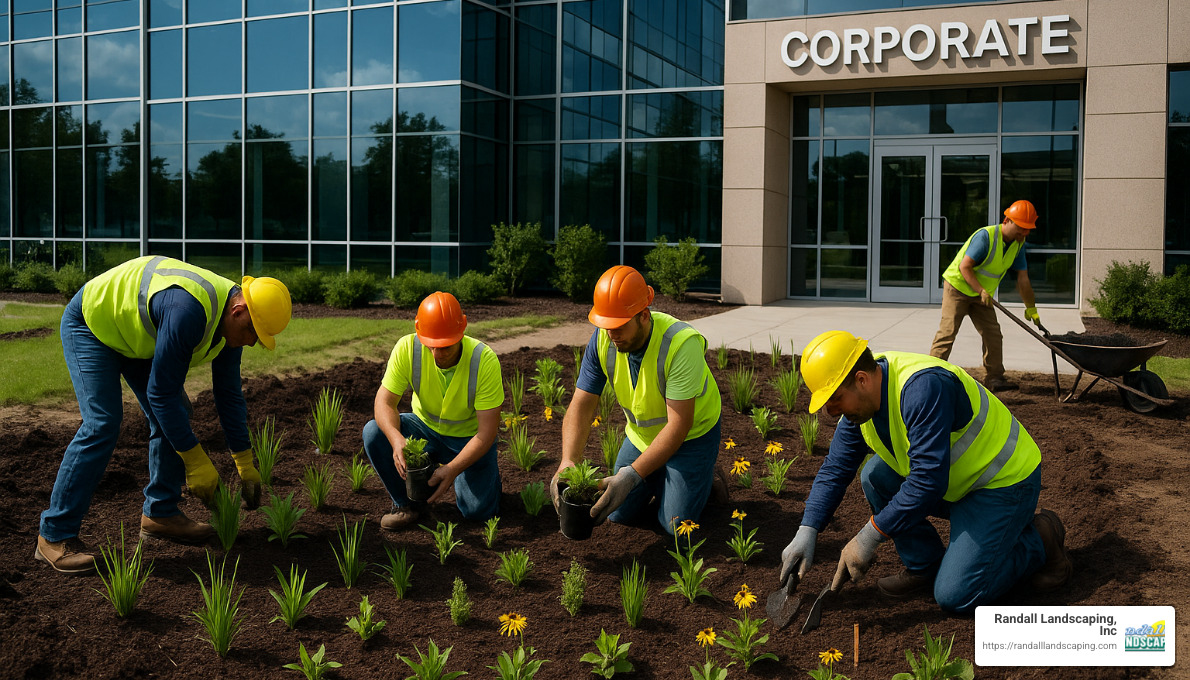 rain garden installation at corporate office - corporate landscaping companies