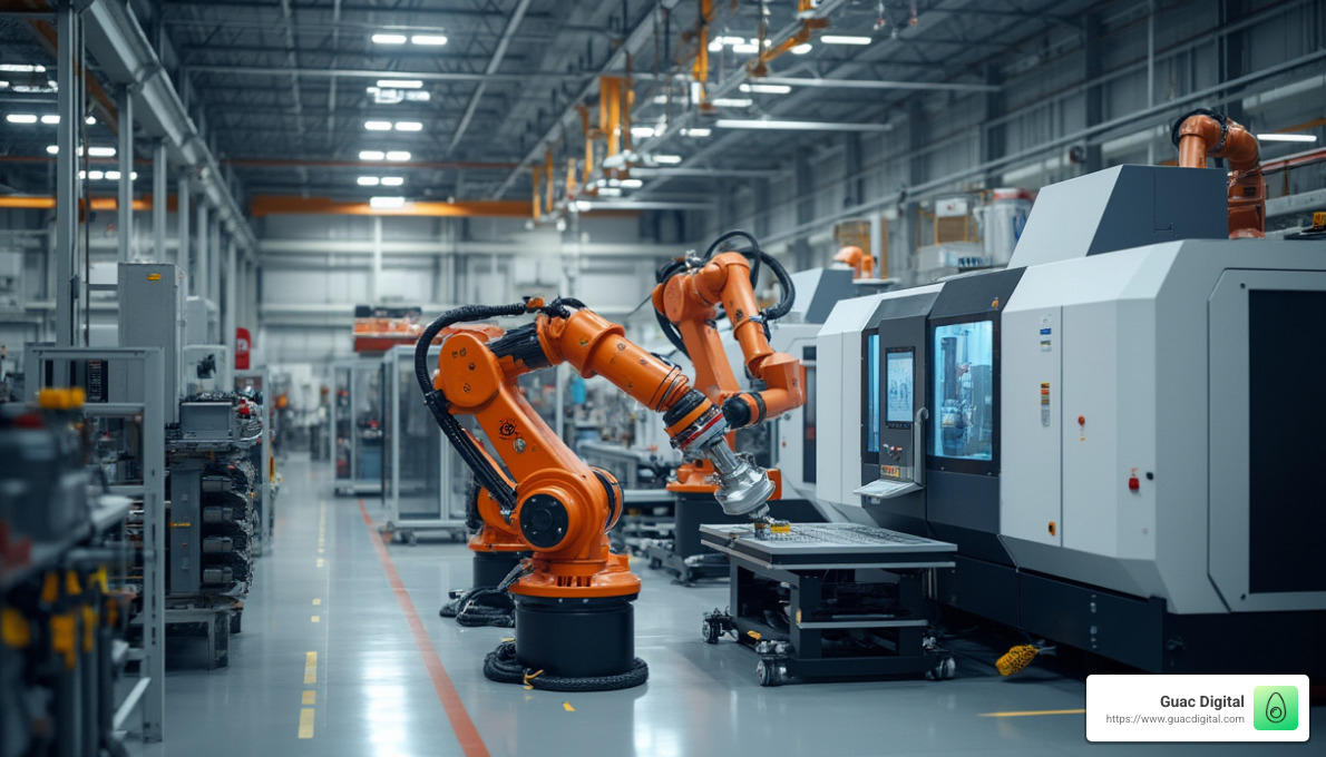 modern manufacturing cell with robots and cnc machines - romi