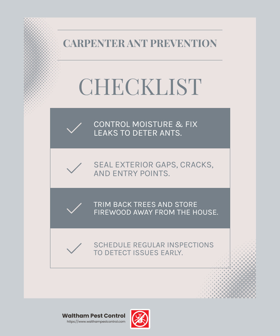 Comprehensive carpenter ant prevention checklist showing moisture control, exclusion methods, landscape management, and regular inspection practices - how to exterminate carpenter ants in house infographic checklist-light-blue-grey