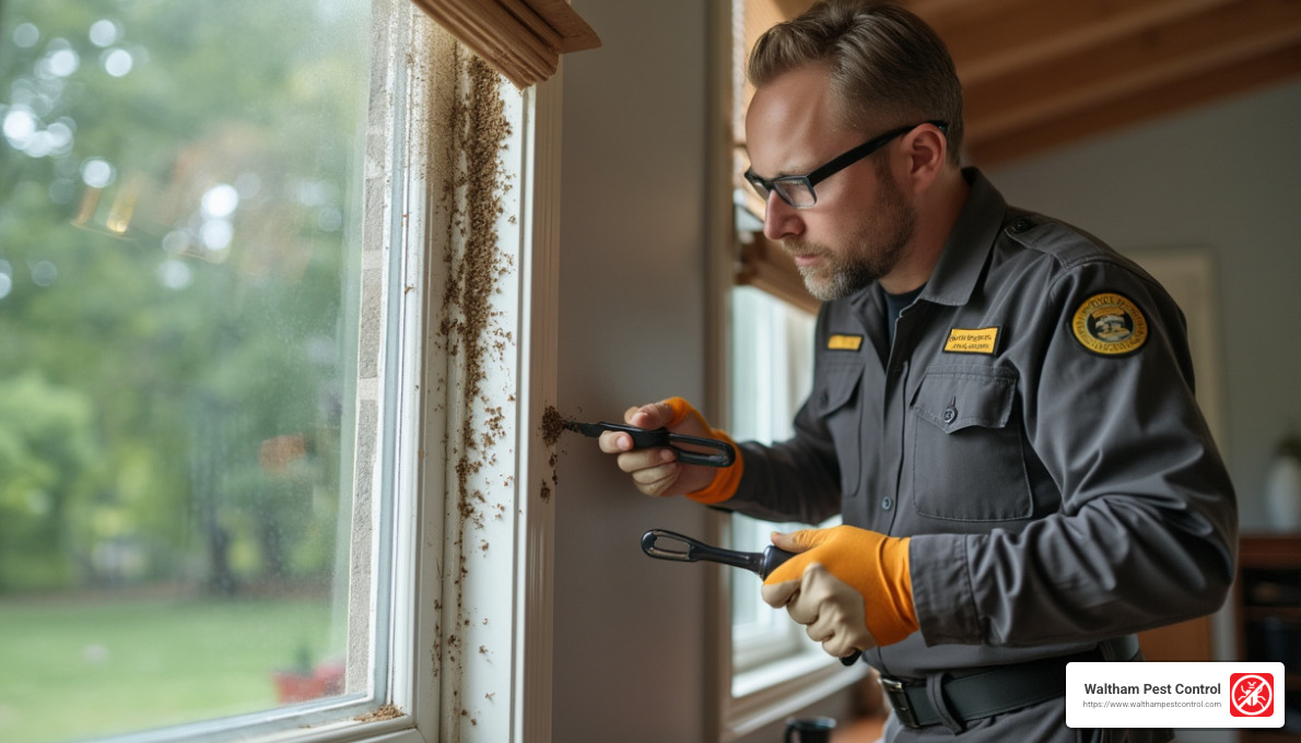 pest control technician inspecting window sill - how to exterminate carpenter ants in house