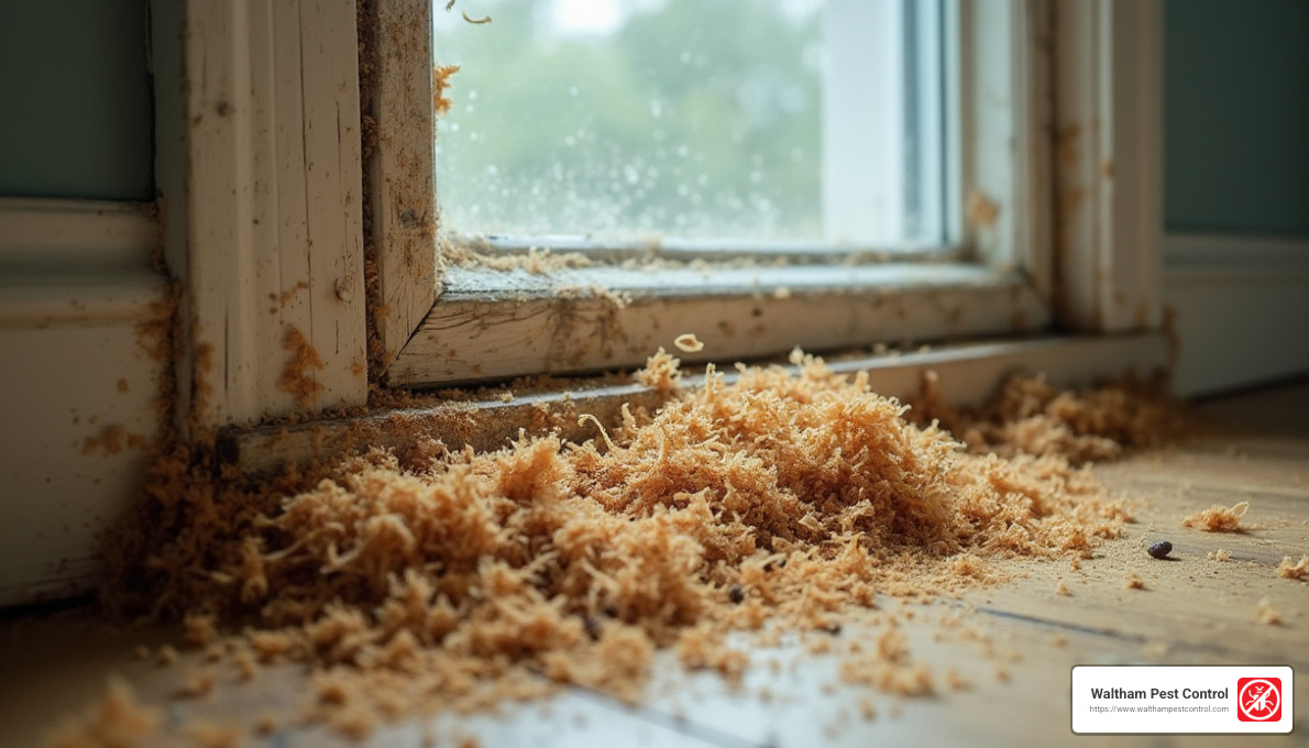 frass pile beneath window sill - how to exterminate carpenter ants in house