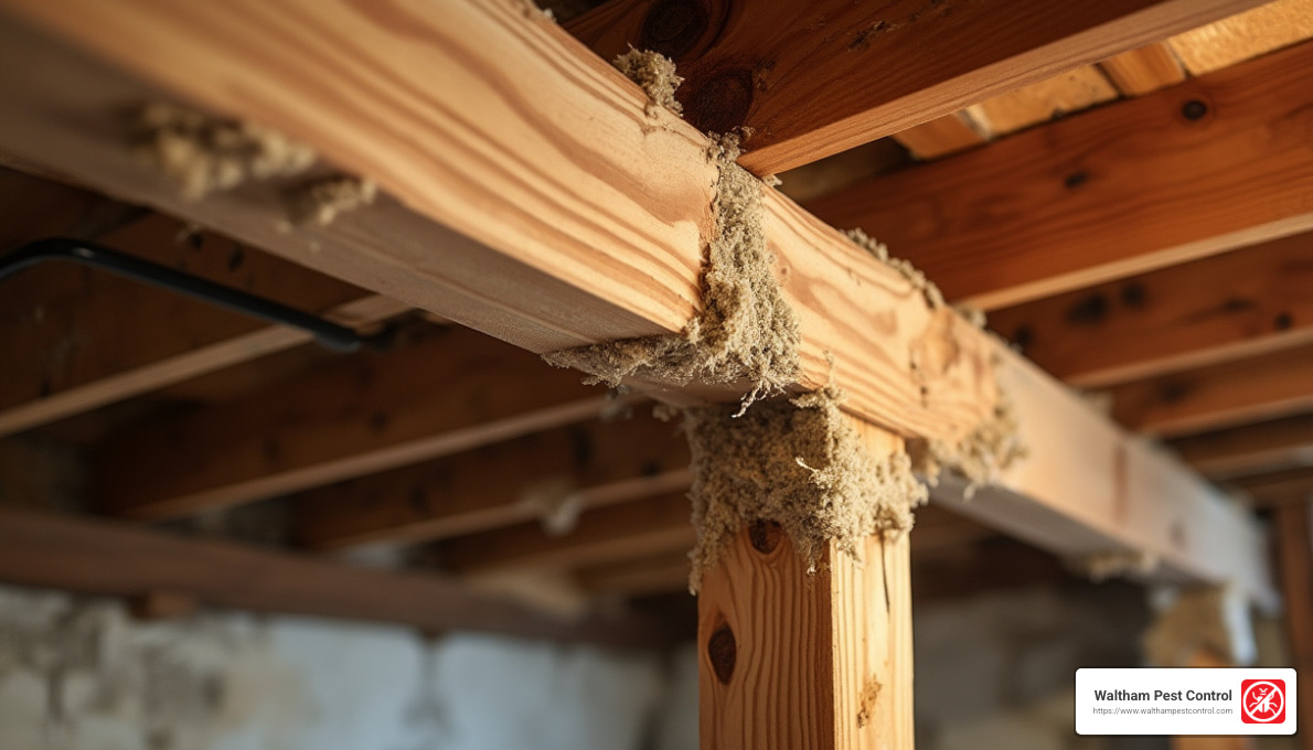 repaired wooden beam with no signs of frass - how to exterminate carpenter ants in house