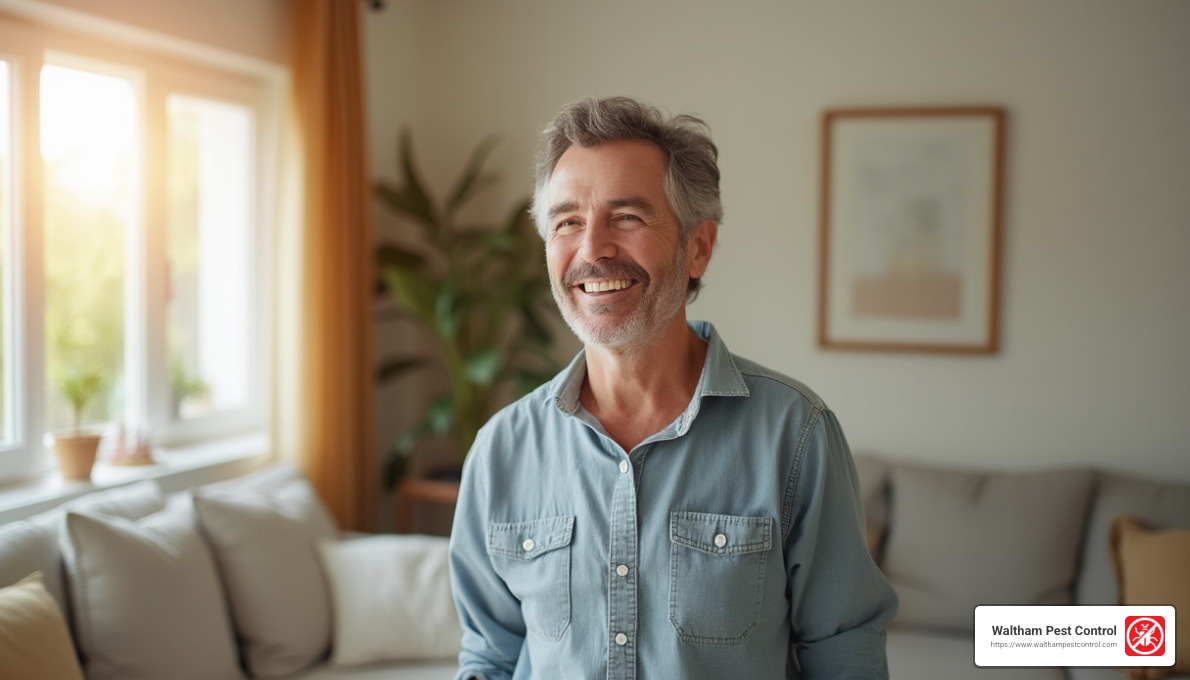 happy homeowner in pest-free home - how to exterminate carpenter ants in house