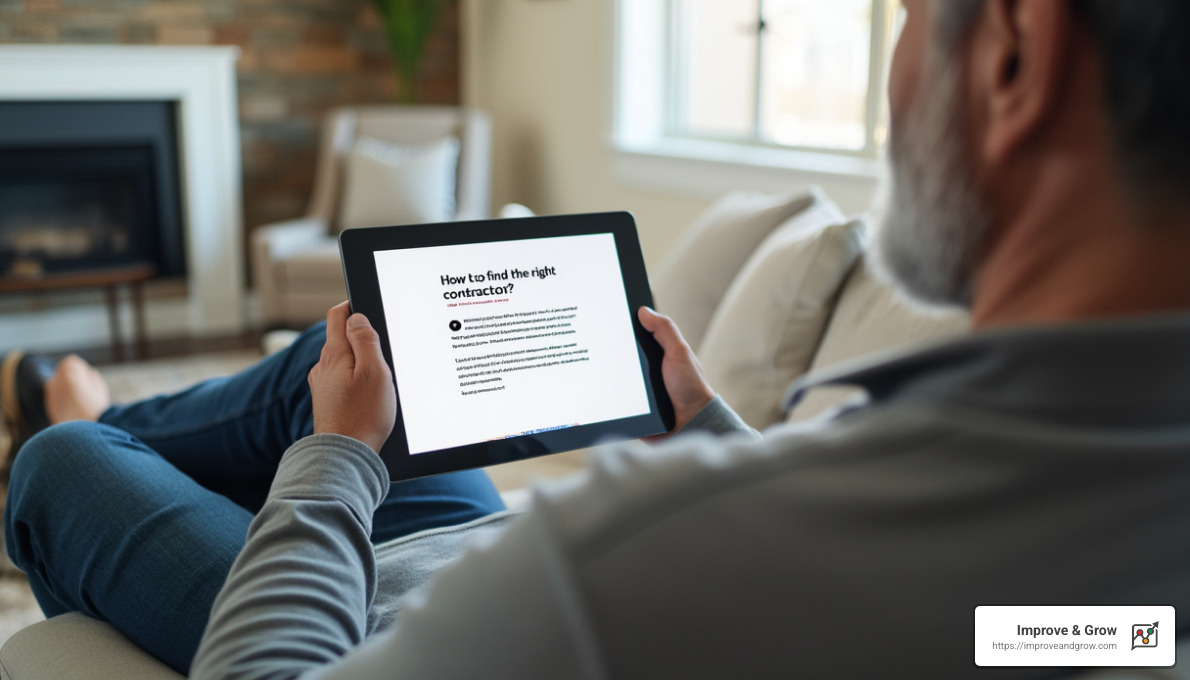 Show an image of a homeowner reading a blog article on a tablet screen called “How to find the right contractor for your remodeling project?” - contractor lead generation