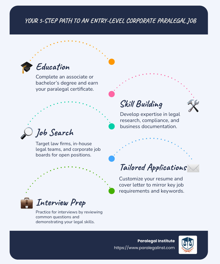 Step-by-step process for securing an entry-level corporate paralegal position, showing education requirements, skill development, job search strategies, application process, and interview preparation techniques - entry level corporate paralegal jobs infographic infographic-line-5-steps-blues-accent_colors