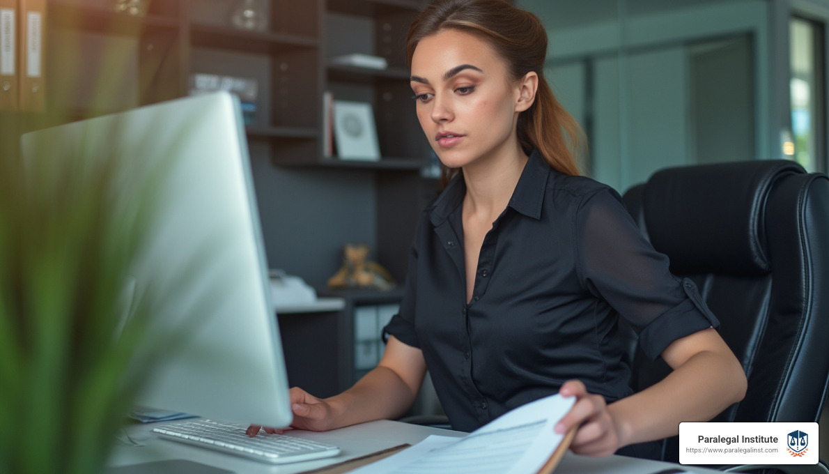 corporate paralegal working at desk - entry level corporate paralegal jobs