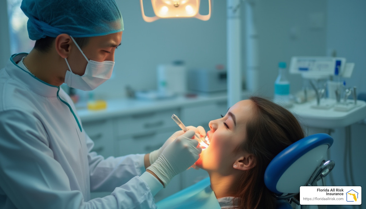 Dental checkup being performed by dentist - small company health insurance Dental checkup being performed by dentist - small company health insurance