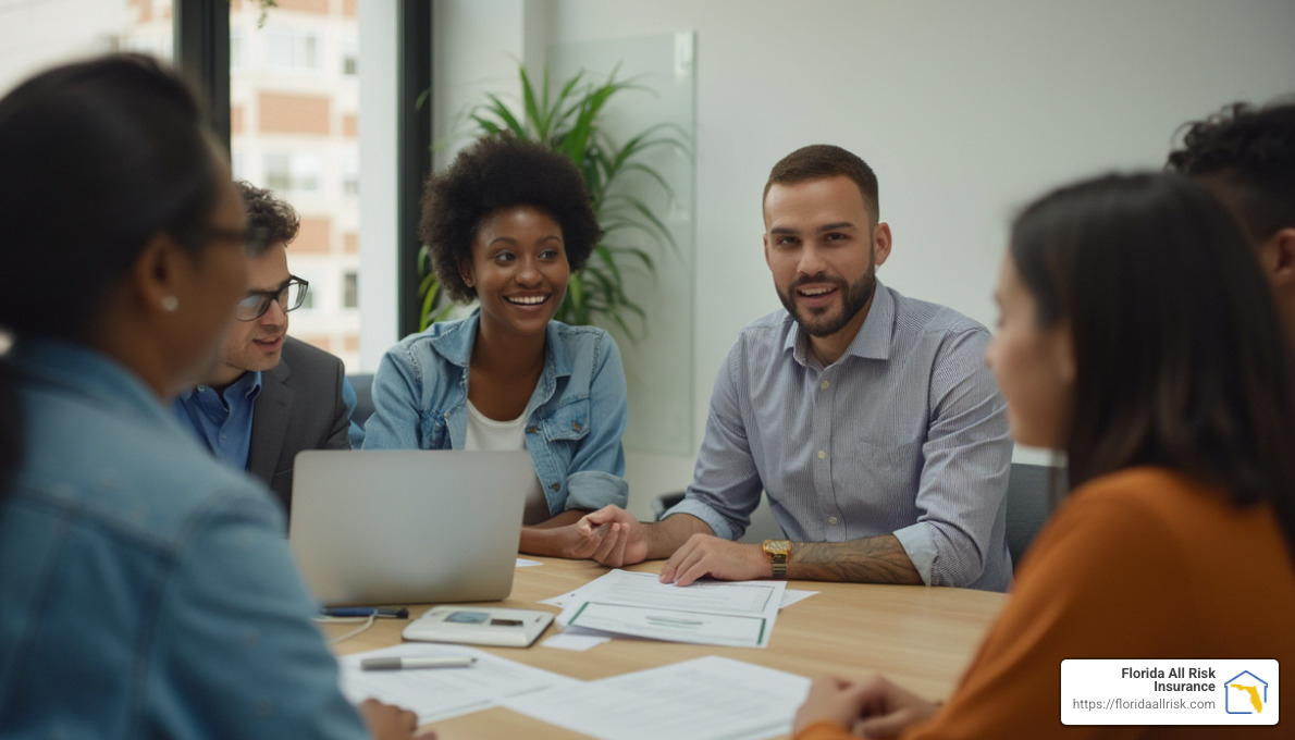Small business owner meeting with employees to discuss health insurance options - small company health insurance Small business owner meeting with employees to discuss health insurance options - small company health insurance