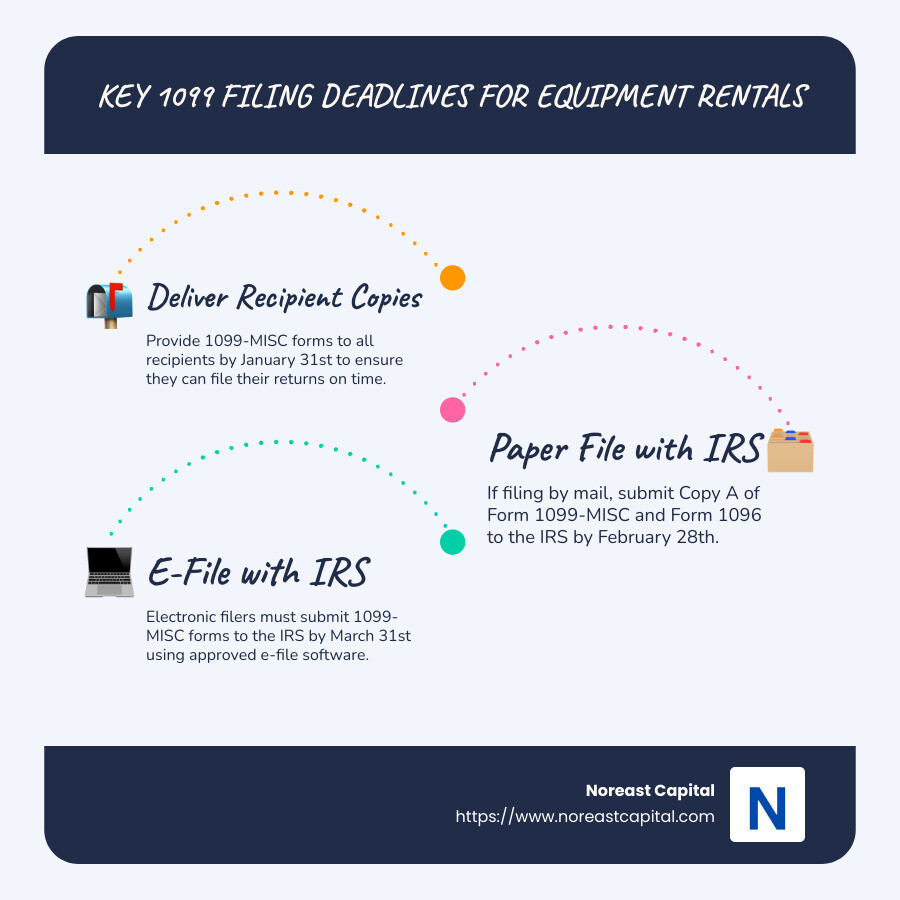 1099 filing timeline showing key dates for recipient copies, paper filing, and electronic filing - do you 1099 for equipment rental infographic infographic-line-3-steps-blues-accent_colors