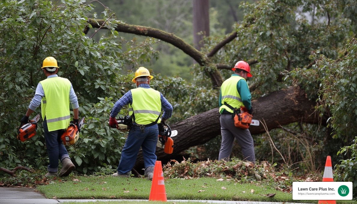 landscaping crew removing fallen tree after storm damage - Landscapers Roslindale MA
