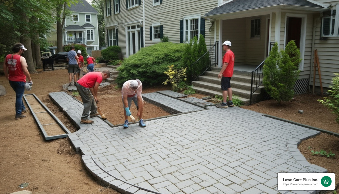 bluestone patio installation in Roslindale backyard - Landscapers Roslindale MA