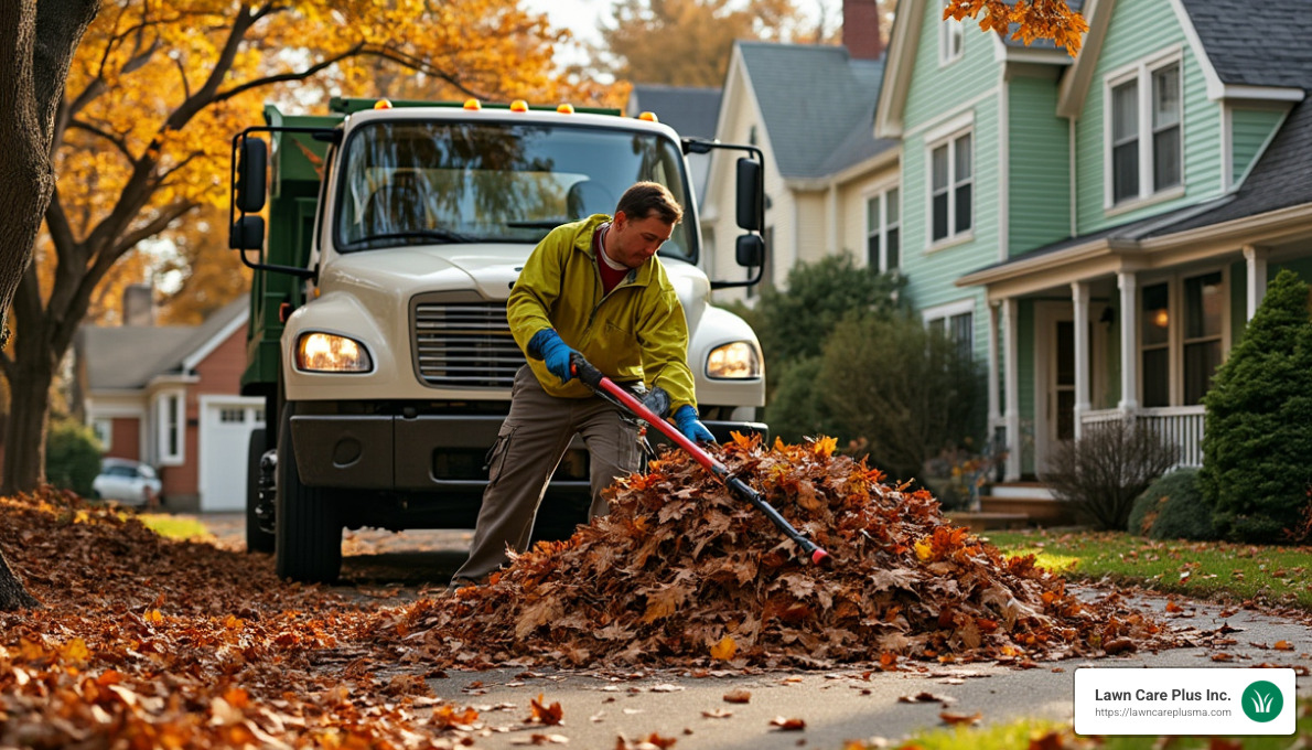 leaf removal truck and crew working in Roslindale - Landscapers Roslindale MA