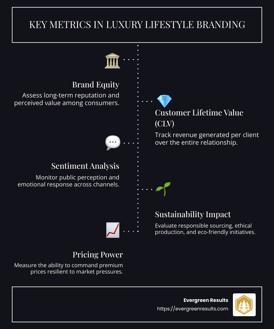 Luxury Lifestyle Branding: Crafting an Opulent Image 11 Luxury brand metrics dashboard showing CLV, sentiment analysis, and sustainability impact - luxury lifestyle branding infographic infographic-line-5-steps-dark