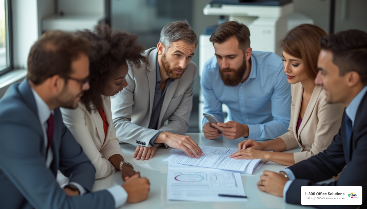 business people reviewing copier lease agreement - Affordable copier leasing business people reviewing copier lease agreement - Affordable copier leasing