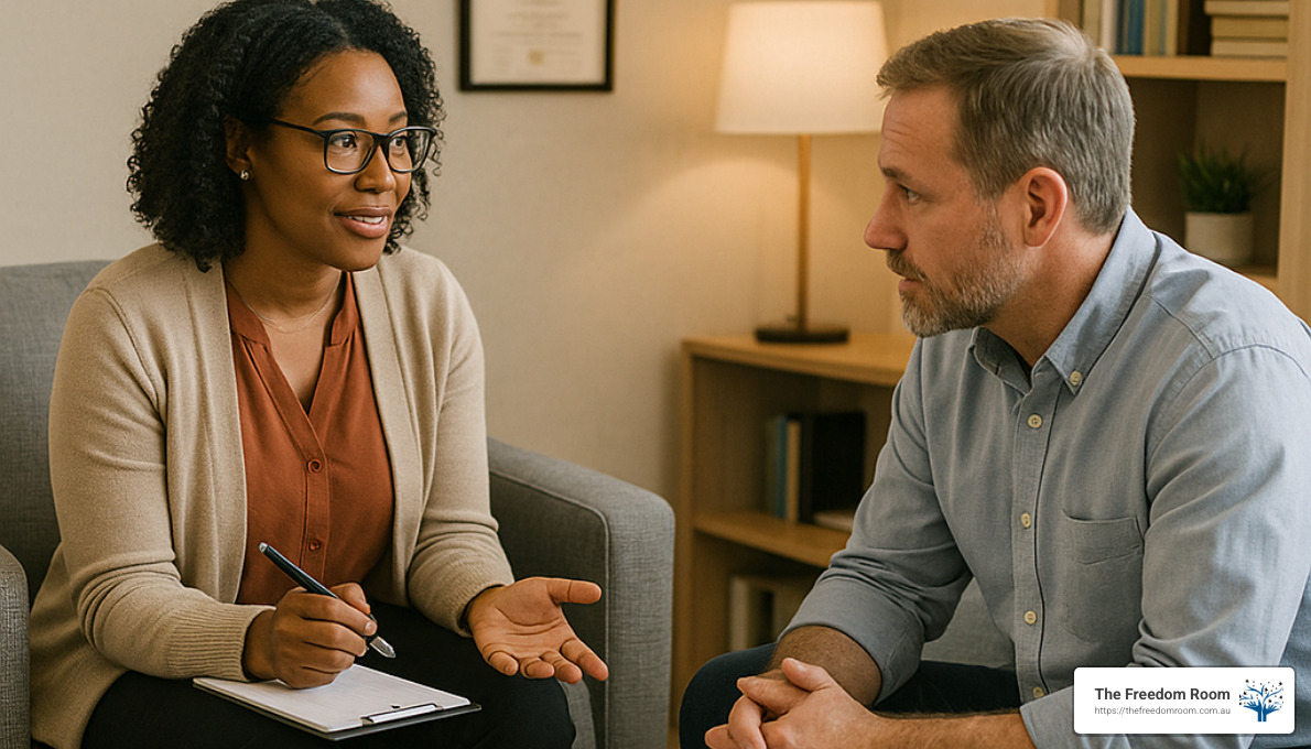 counsellor and client discussing personalised treatment plan - alcohol use disorder treatment counsellor and client discussing personalised treatment plan - alcohol use disorder treatment