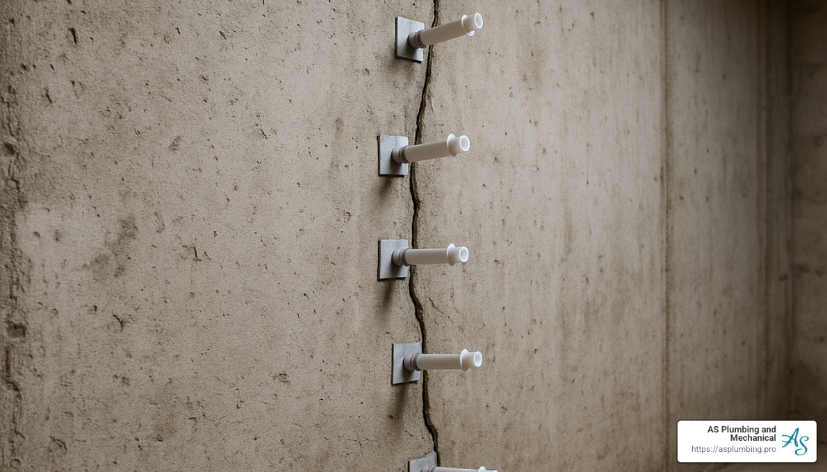 crack injection ports installed on foundation wall ready for repair - foundation water leak repair