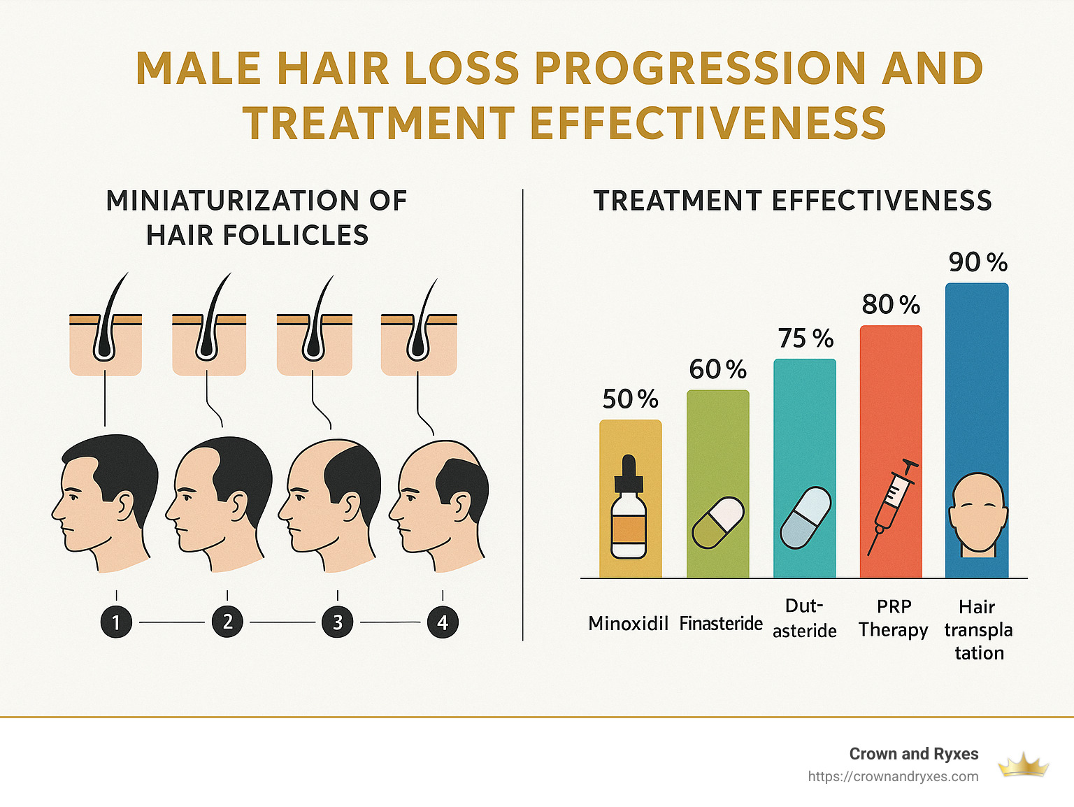 Hair loss progression showing miniaturization of follicles alongside comparison of treatment effectiveness rates for different male hair loss treatments including minoxidil, finasteride, dutasteride, PRP therapy, and hair transplantation - best hair loss treatment for male infographic 