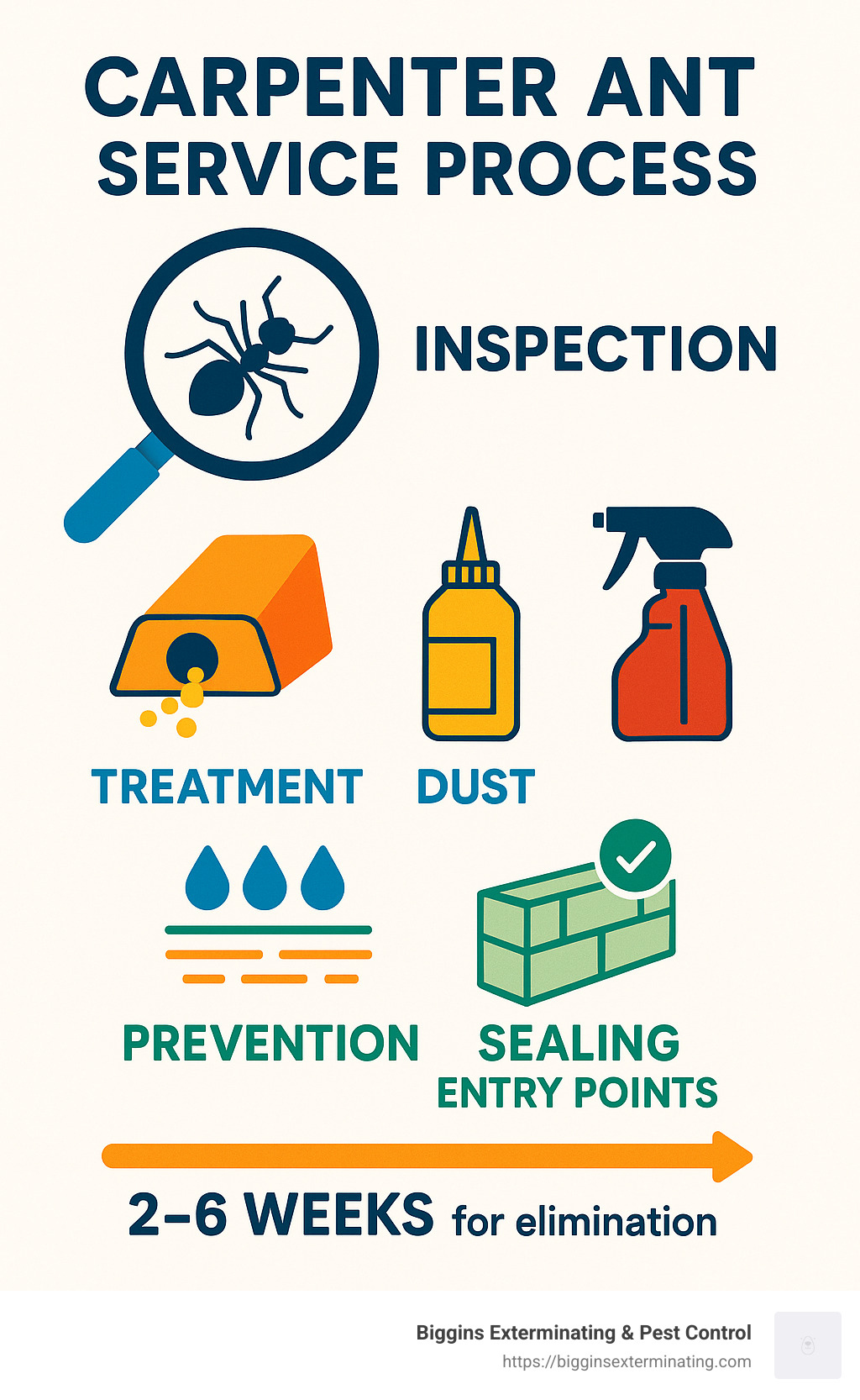 Carpenter Ant Service Process showing inspection, treatment methods, and prevention techniques with a timeline of elimination - carpenter ant service infographic