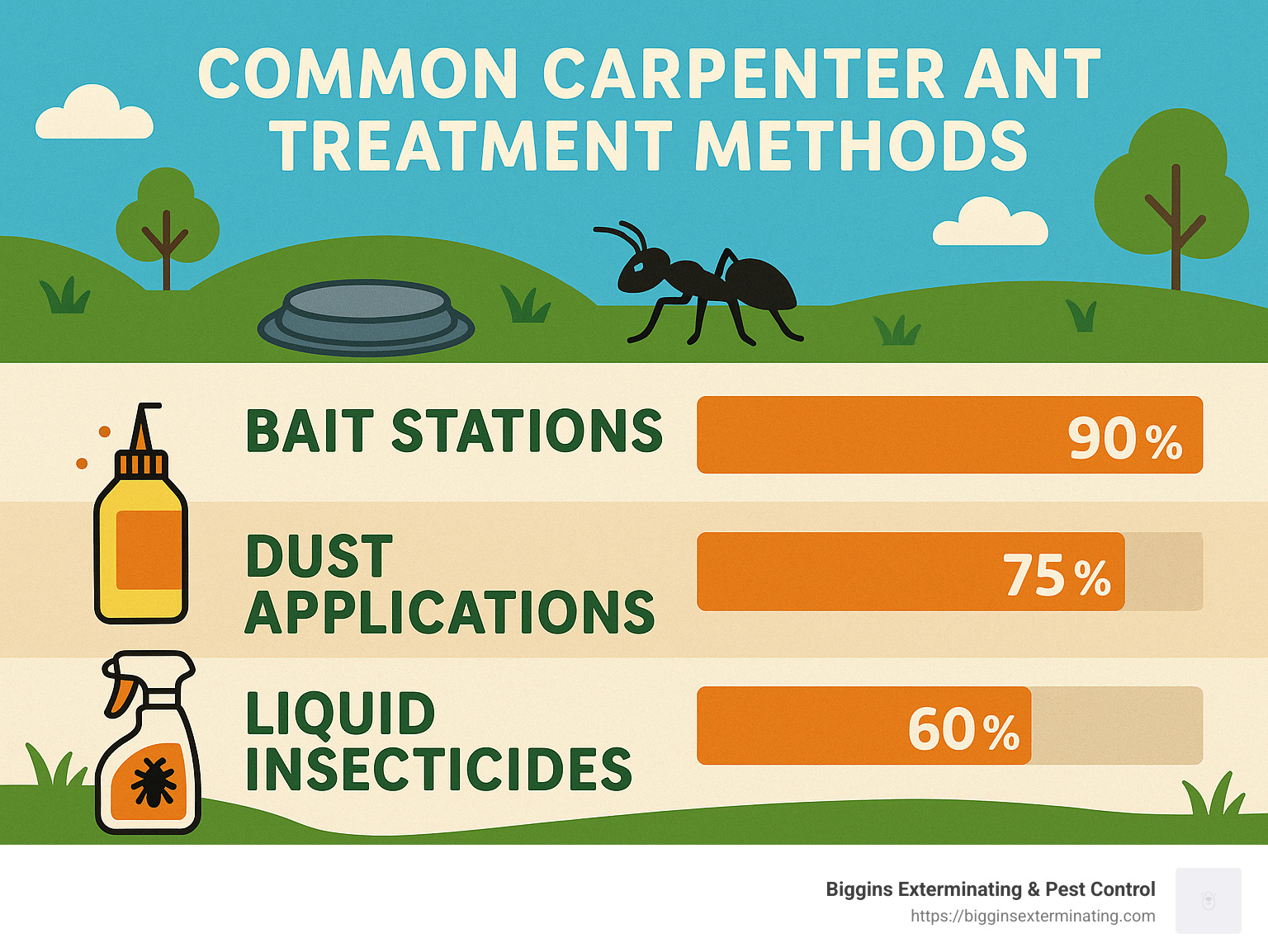 Common carpenter ant treatment methods with their effectiveness ratings - carpenter ant service infographic