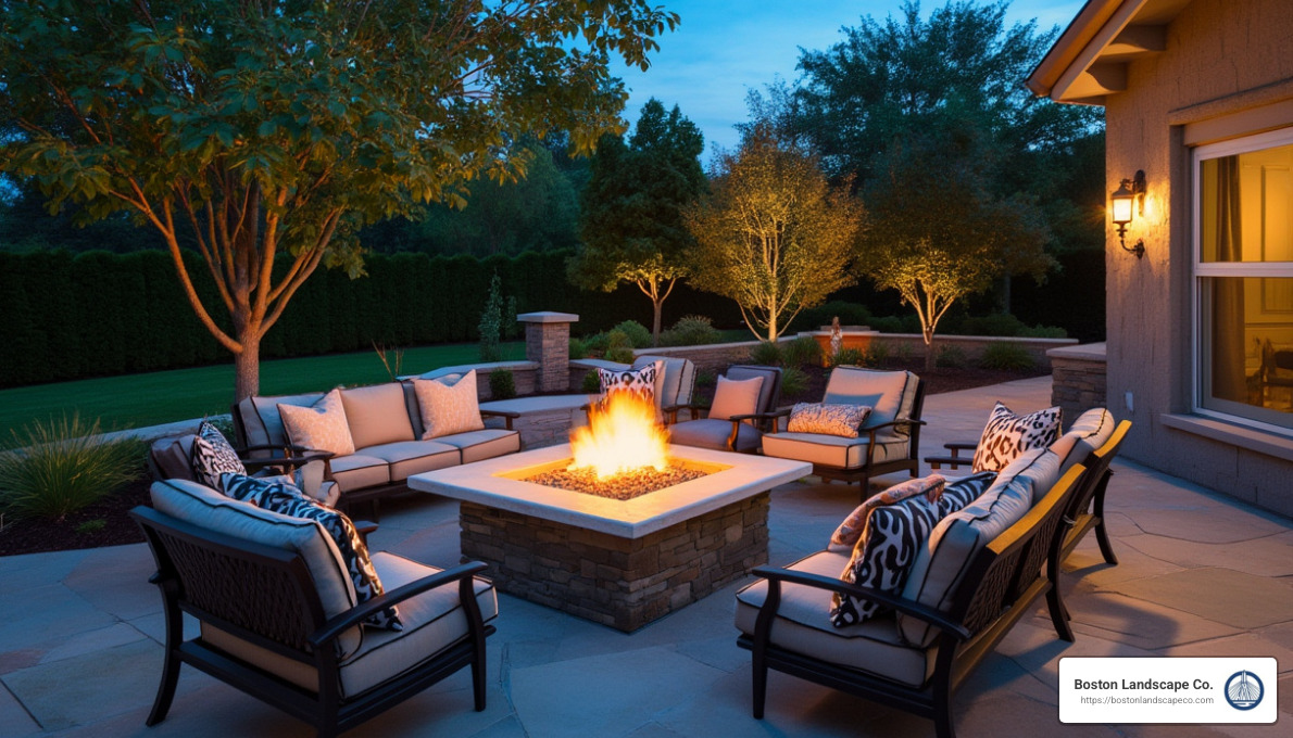 outdoor seating area with fire pit and comfortable furniture - residential building landscape design