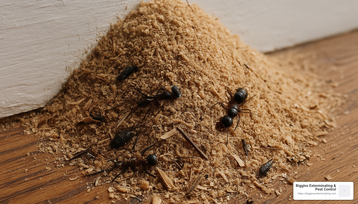 carpenter ant frass (sawdust) outside a baseboard showing infestation - carpenter ant service