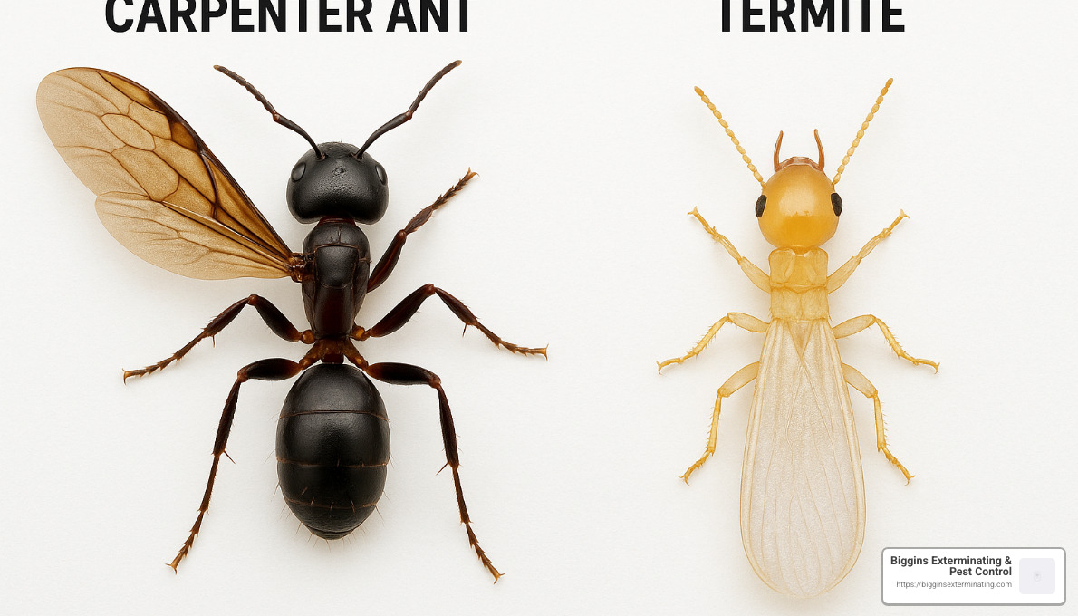 comparison of termite and carpenter ant showing physical differences - carpenter ant service