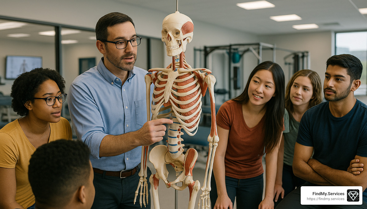 students in physical therapy classroom learning anatomy - Certified physical therapist