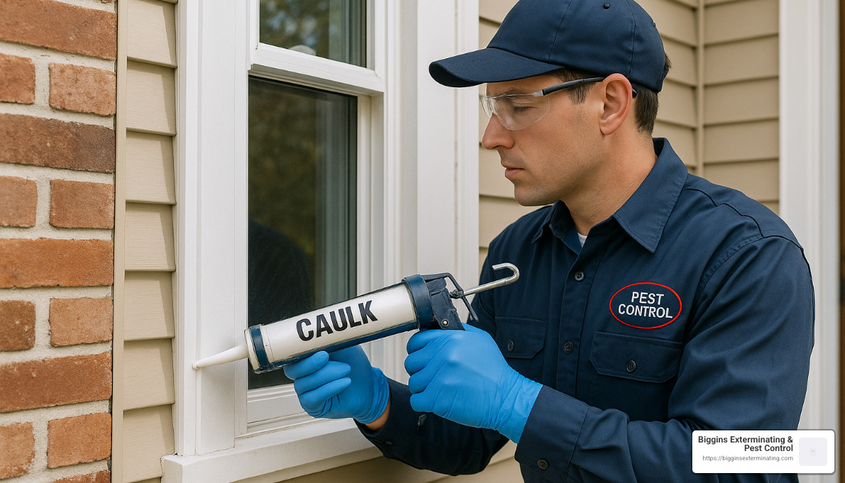 technician sealing window frame to prevent carpenter ant entry - carpenter ant service