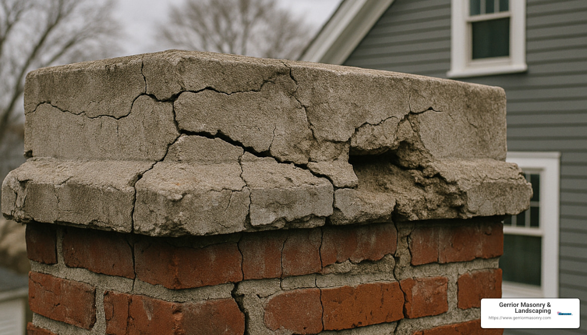 cracked chimney crown with visible deterioration - Chimney repair Andover MA