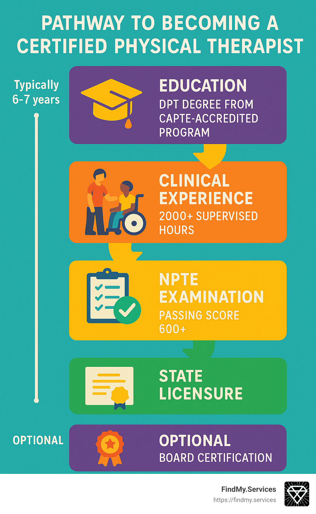 Step-by-step pathway to becoming a certified physical therapist showing education requirements, NPTE examination, state licensure process, and optional board certification with timeline markers - Certified physical therapist infographic 
