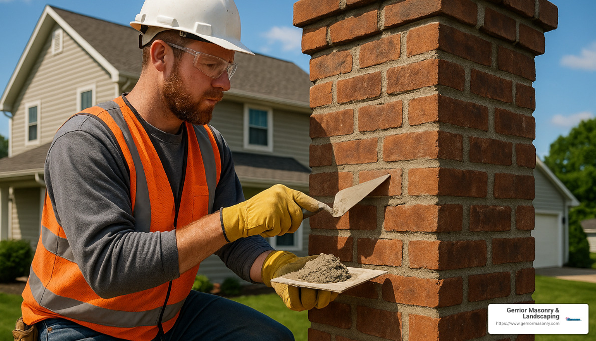 masonry technician performing chimney repointing - Chimney repair Andover MA
