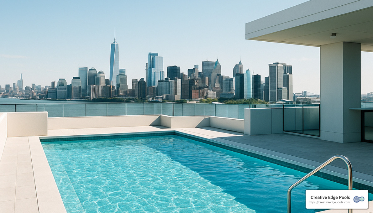 modern geometric pool with city view - luxurious pool