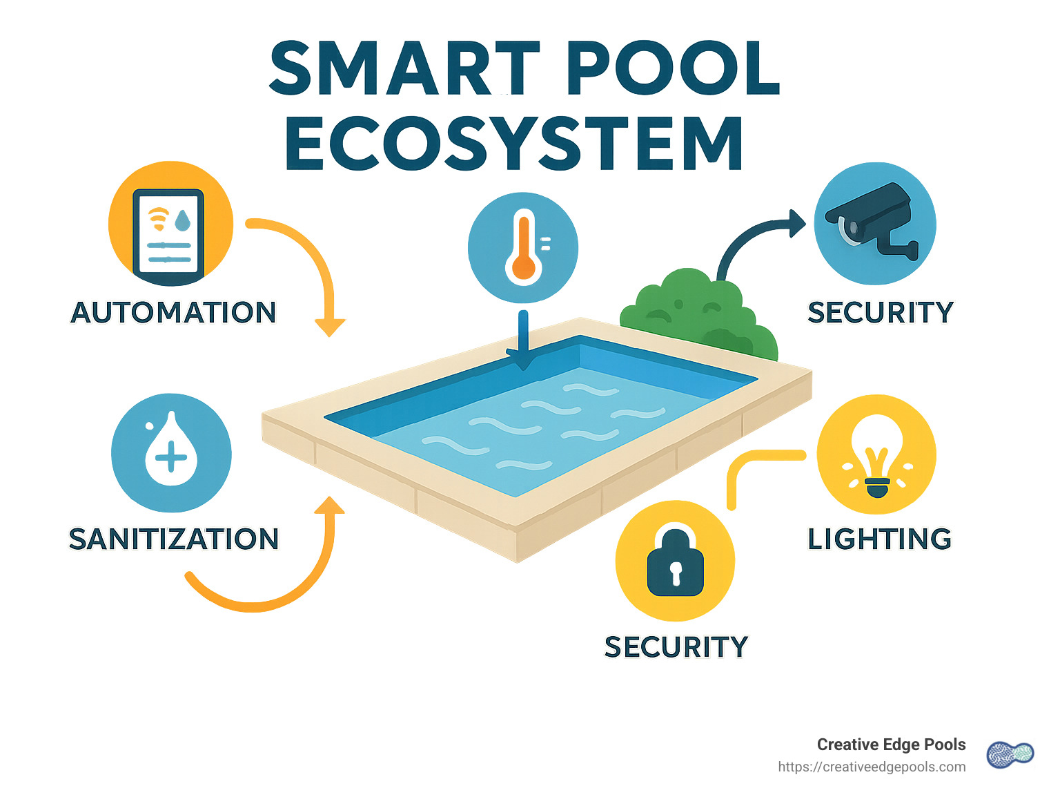 Smart pool ecosystem showing the integration of automation, sanitization, heating, lighting and security systems - luxurious pool infographic