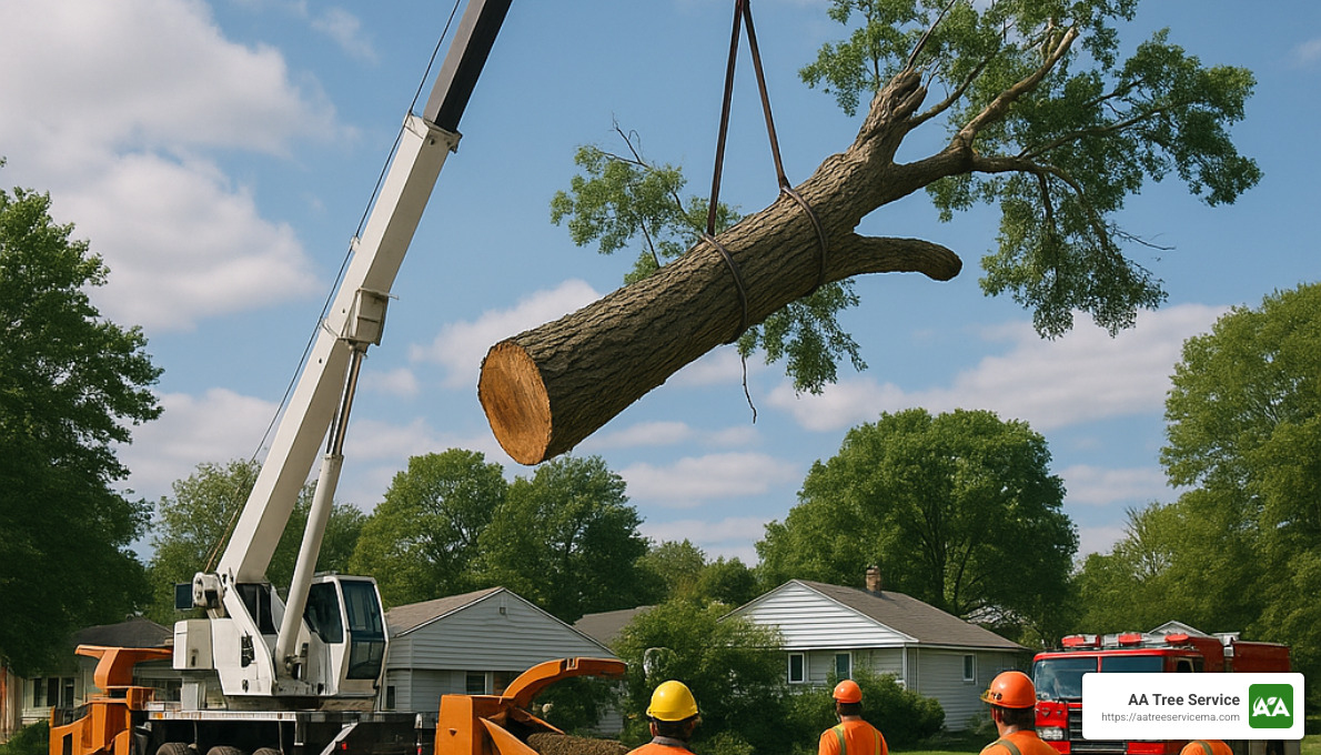 crane lifting large tree section - 24-hour emergency tree removal