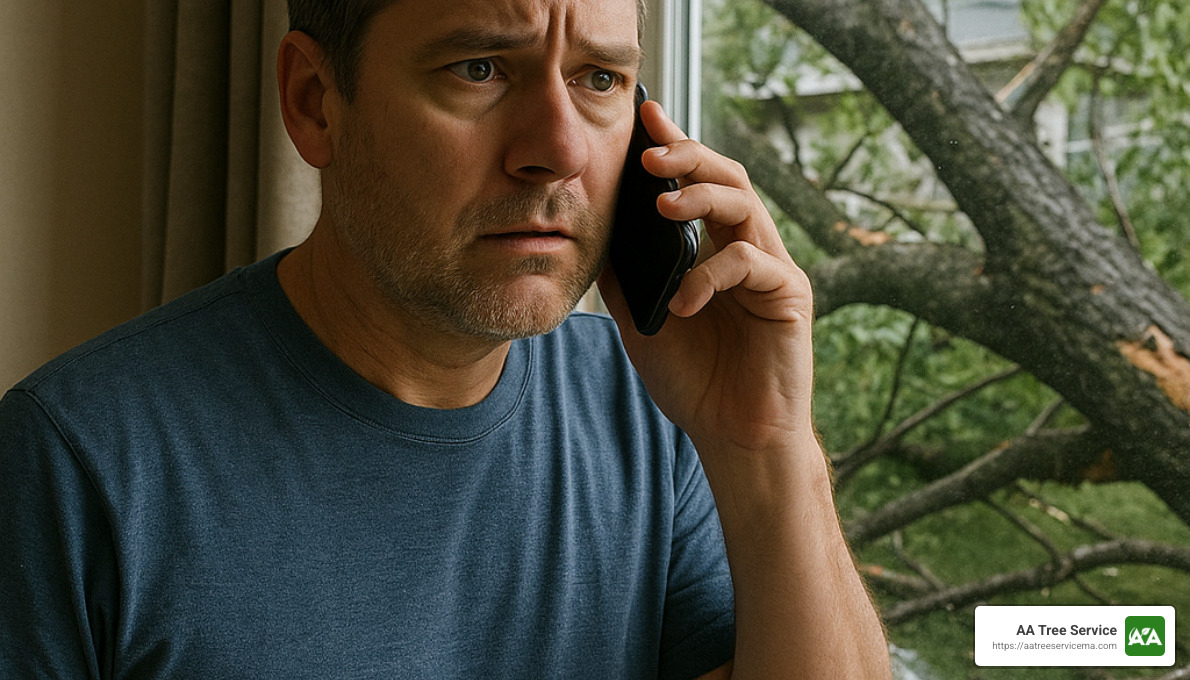homeowner on phone calling emergency services - 24-hour emergency tree removal
