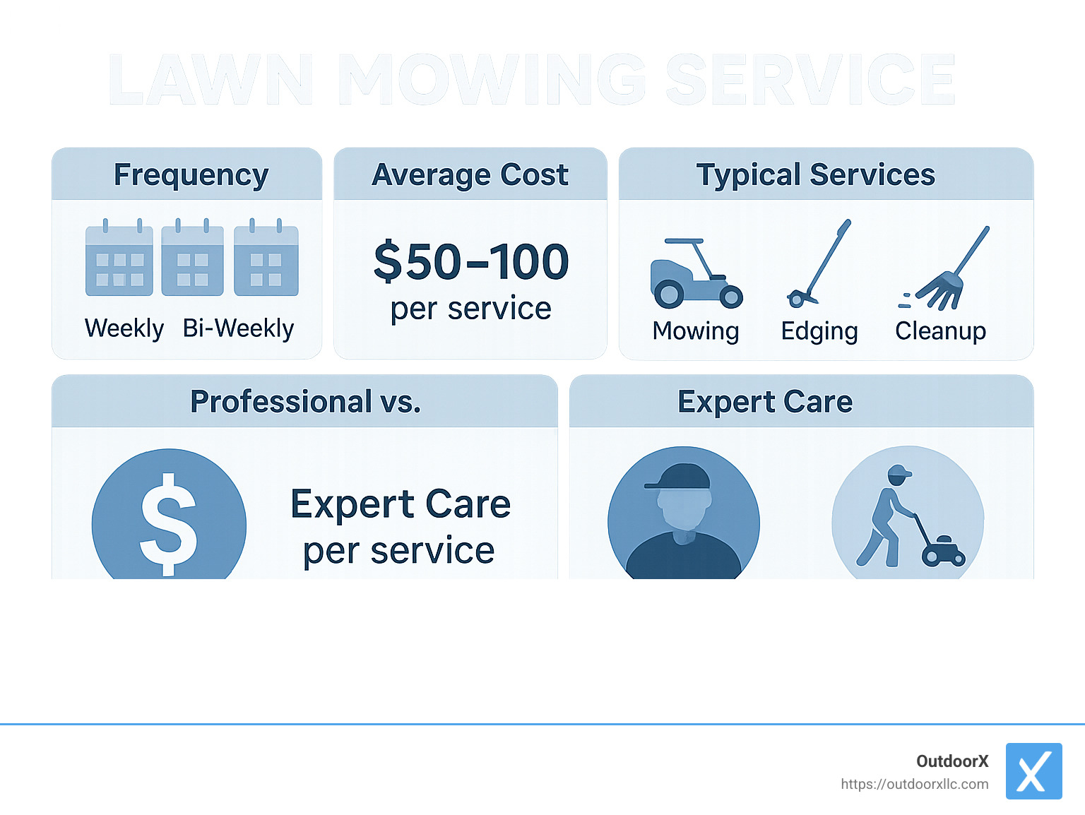Comparison of lawn mowing service options showing frequency plans (weekly/bi-weekly/monthly), average costs per service type, typical inclusions in standard packages, and benefits of professional maintenance versus DIY approach - lawn mowing service infographic 