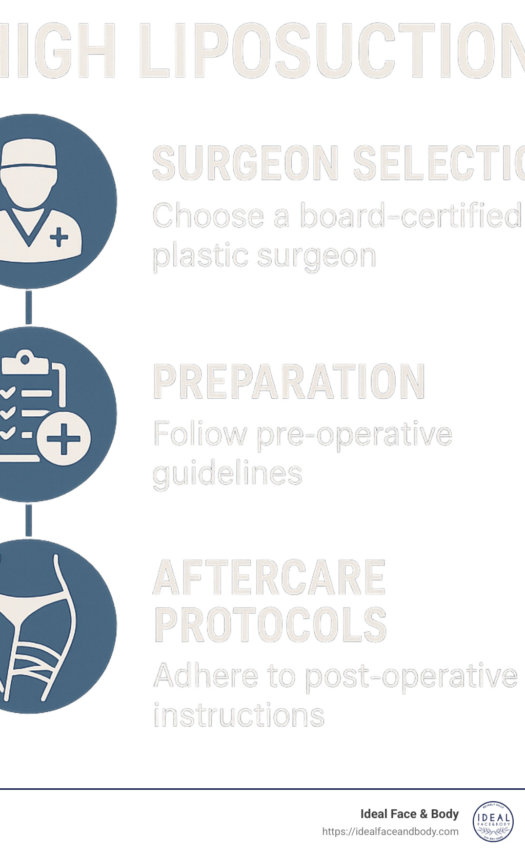 Diagram showing risk-reduction steps for thigh liposuction including surgeon selection, preparation, and aftercare protocols - liposuction thigh infographic 