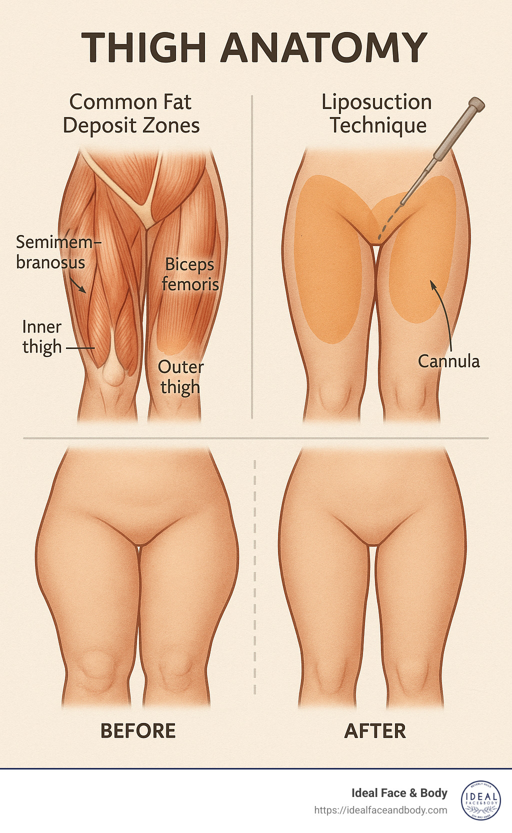 Detailed diagram showing thigh anatomy with common fat deposit zones, liposuction technique, and before/after visual representation - liposuction thigh infographic 