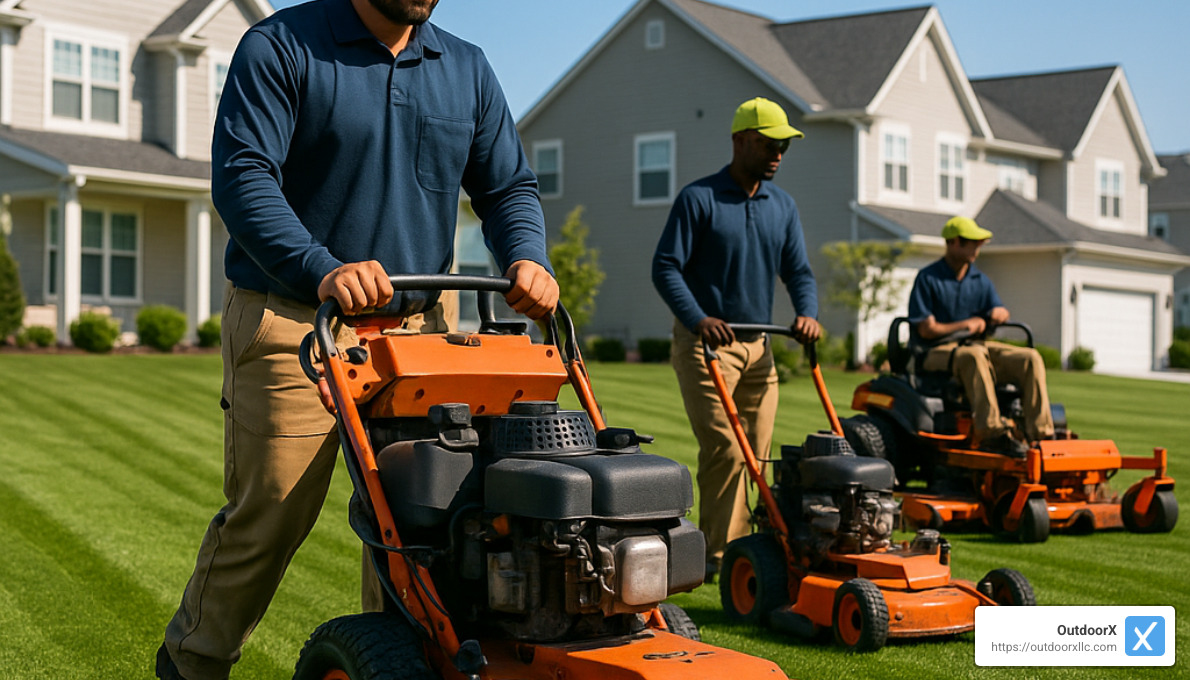 professional lawn mowing crew at work - lawn mowing service