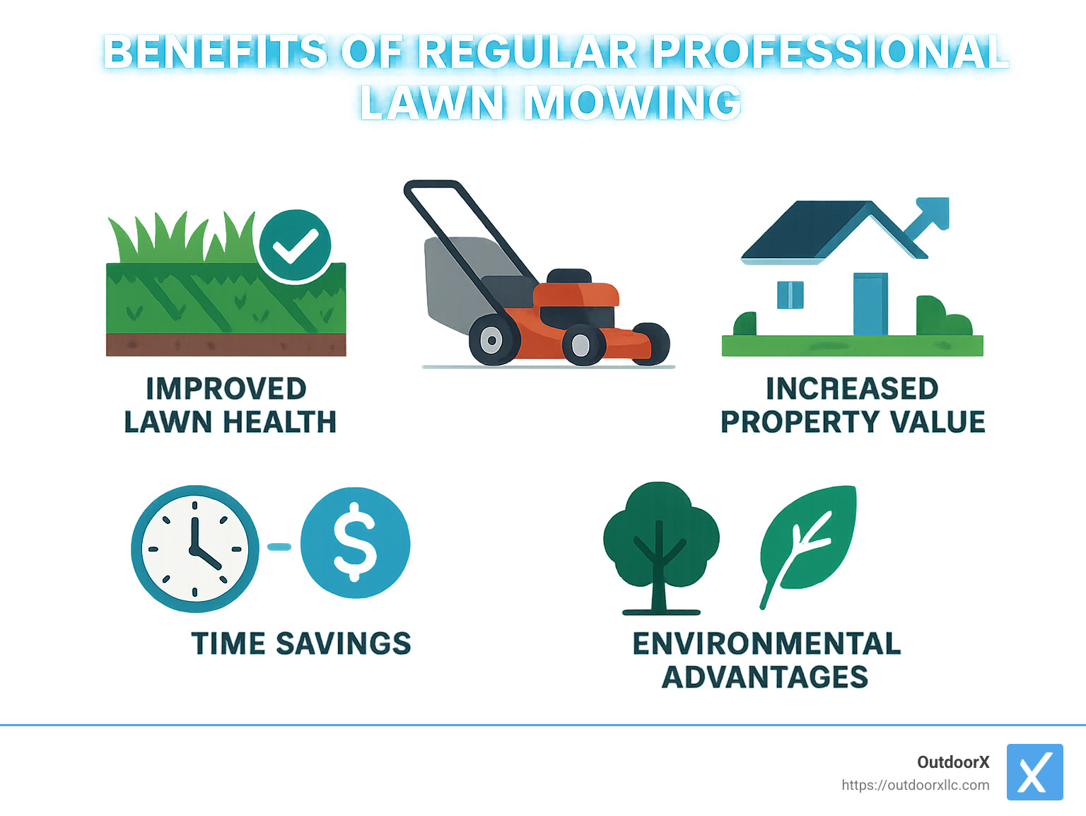 Benefits of regular professional lawn mowing showing improved lawn health, increased property value, time savings, and environmental advantages - lawn mowing service infographic 